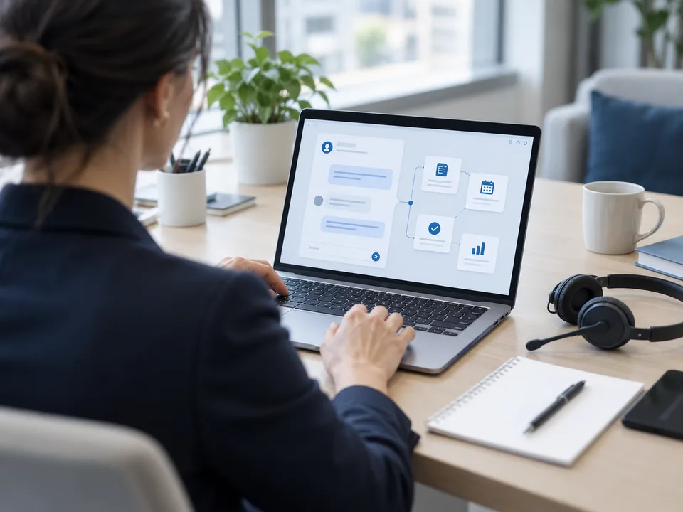 Illustrative business professional reviewing an AI assistant workflow
