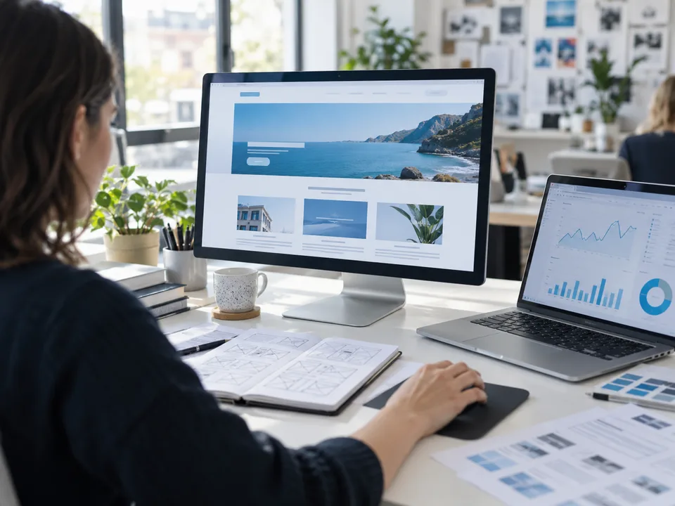 Illustrative digital designer reviewing a website and analytics