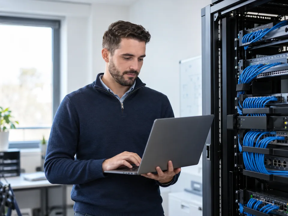 Illustrative IT specialist checking a laptop beside a business network rack